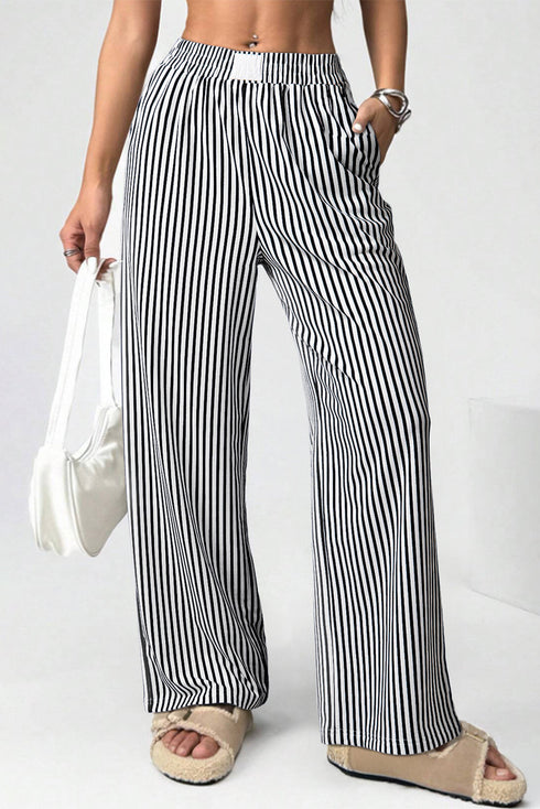 Vertical Stripe Elastic High Waist Pocketed Wide Leg Pants